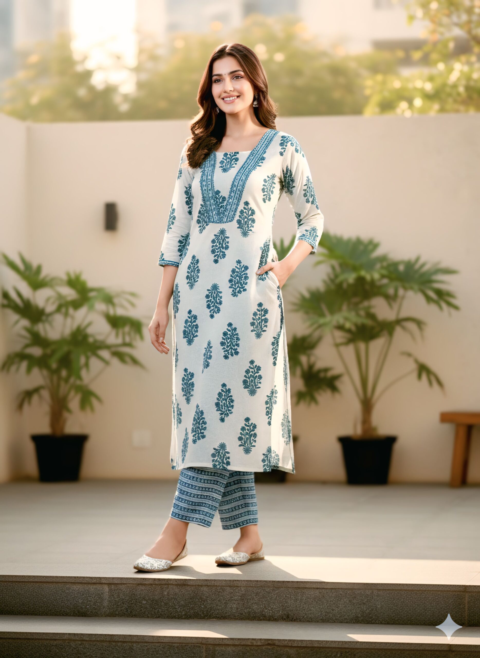 White Printed Kurta Set for Women