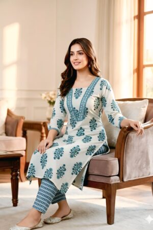White Printed Kurta Set for Women
