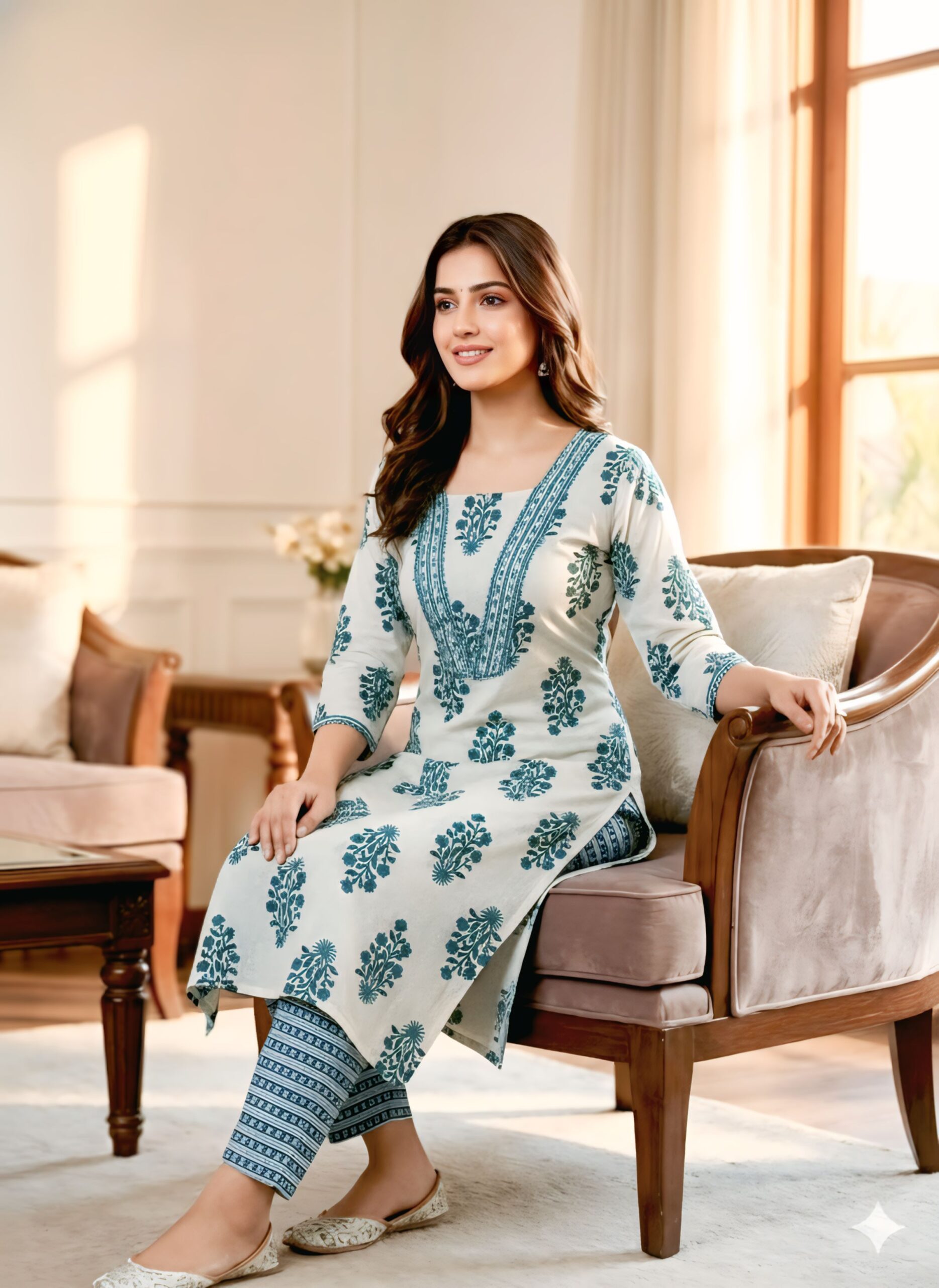 White Printed Kurta Set for Women